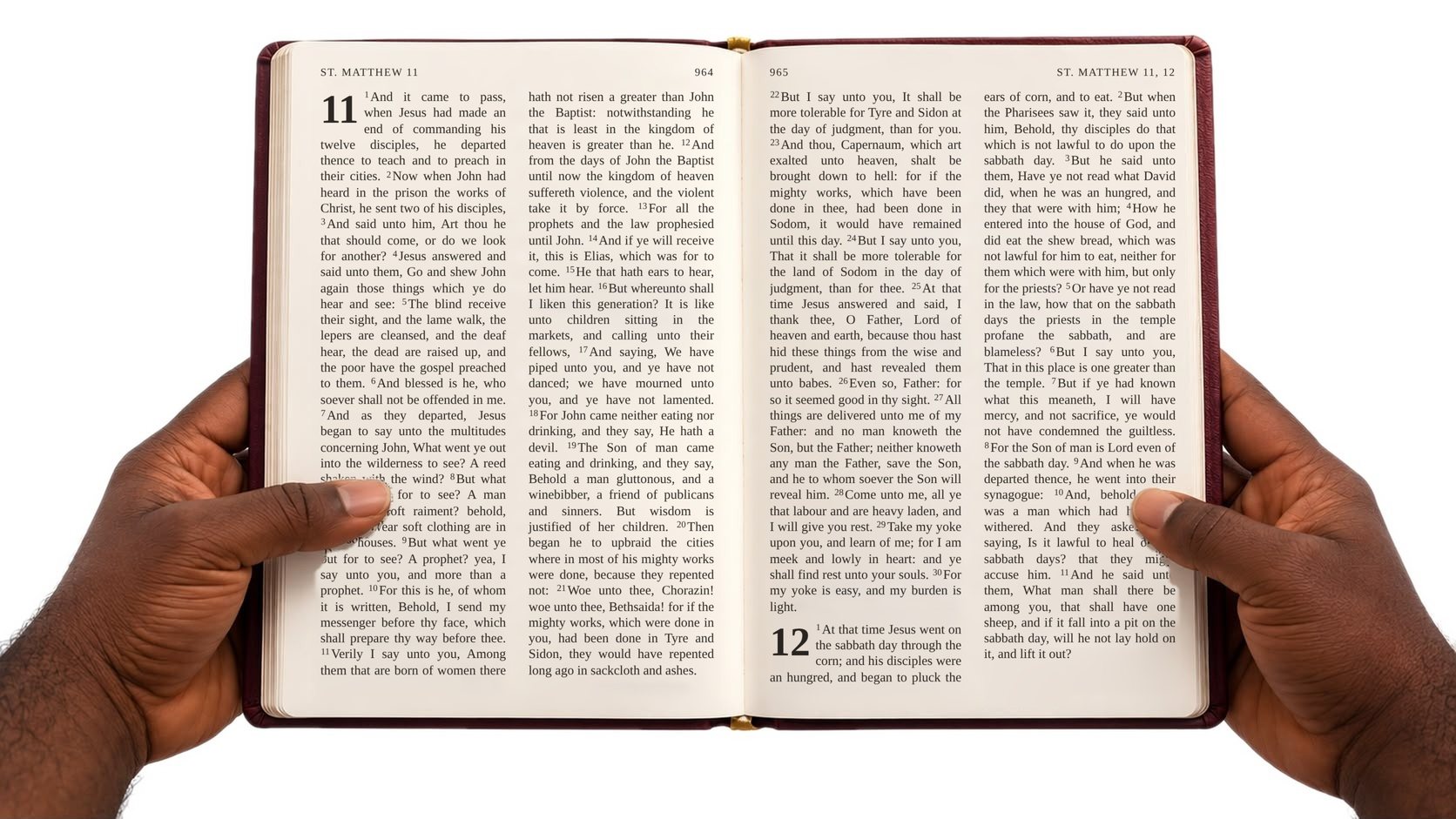Brother Jimi’s hands holding out an open Bible at Matthew 11, with verse 28 highlighted: Come unto me, all ye that labour and are heavy laden, and I will give you rest.